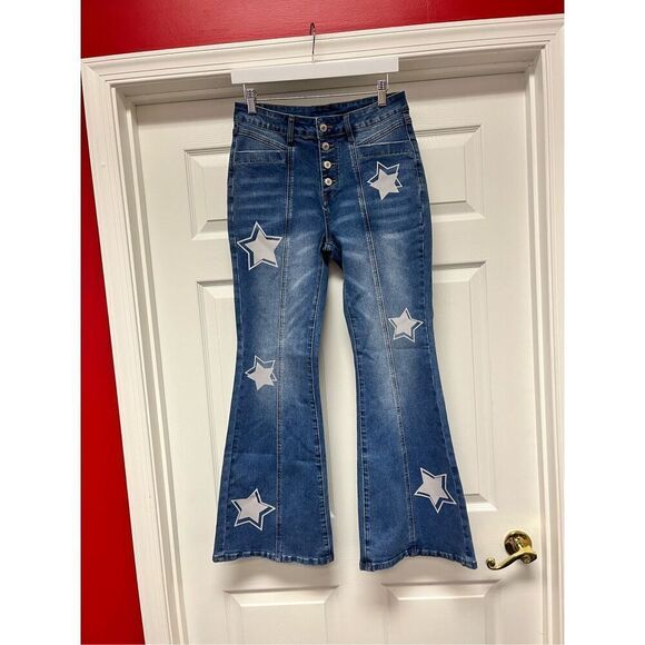 Button Fly High Rise Bootcut Star Print Boho Festival Coachella Jeans sz 10 EUC - Picture 1 of 6